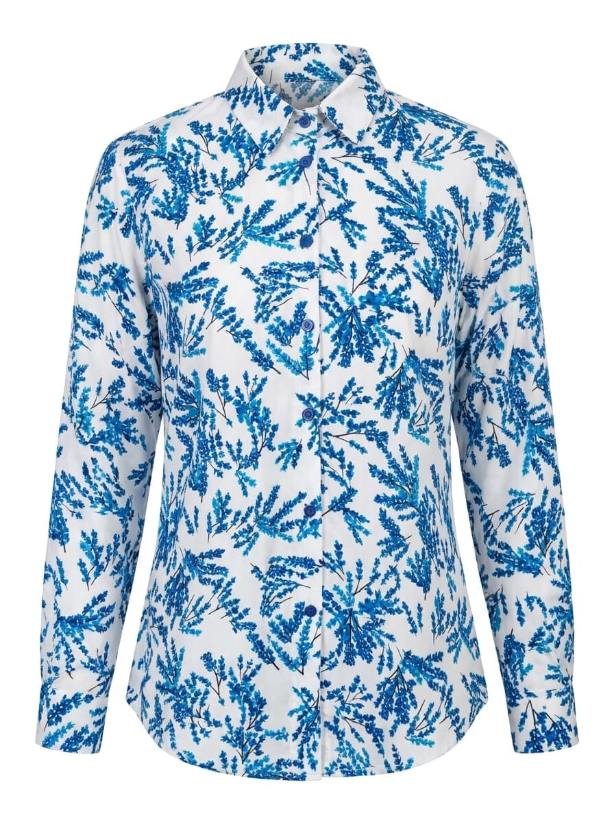 White shirt with a blue botanical print