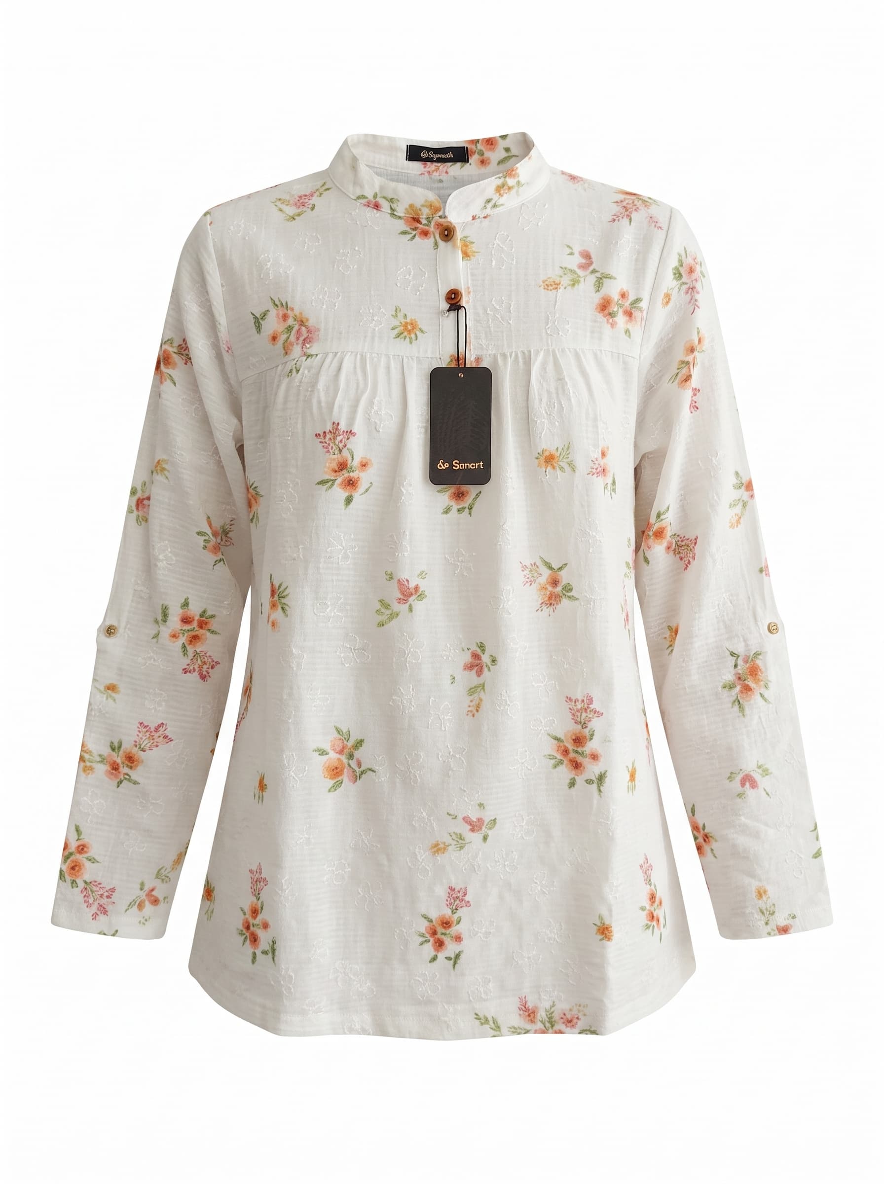 White Floral Embroidered Tunic Blouse with Roll-Up Sleeves