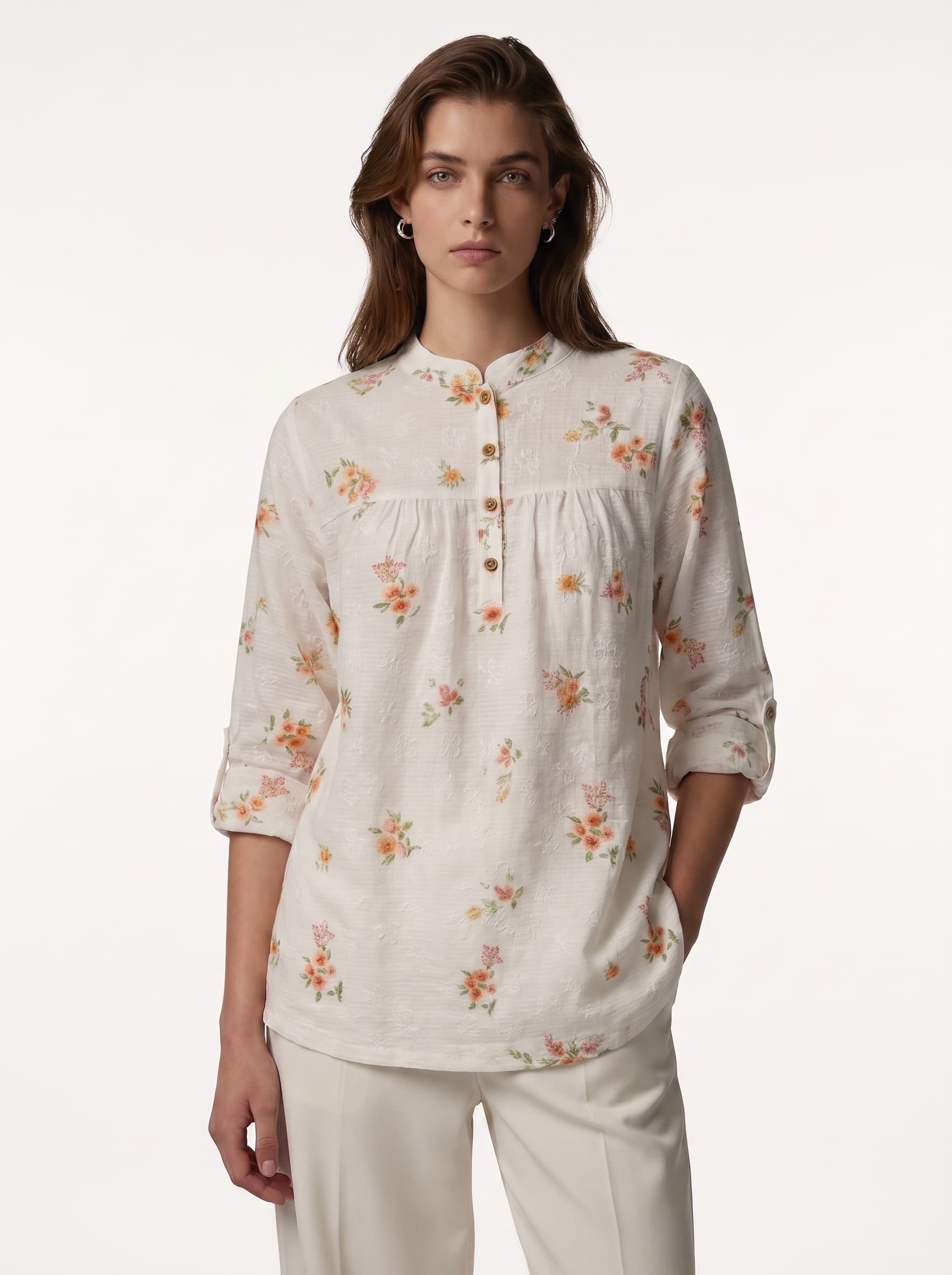 White Floral Embroidered Tunic Blouse with Roll-Up Sleeves